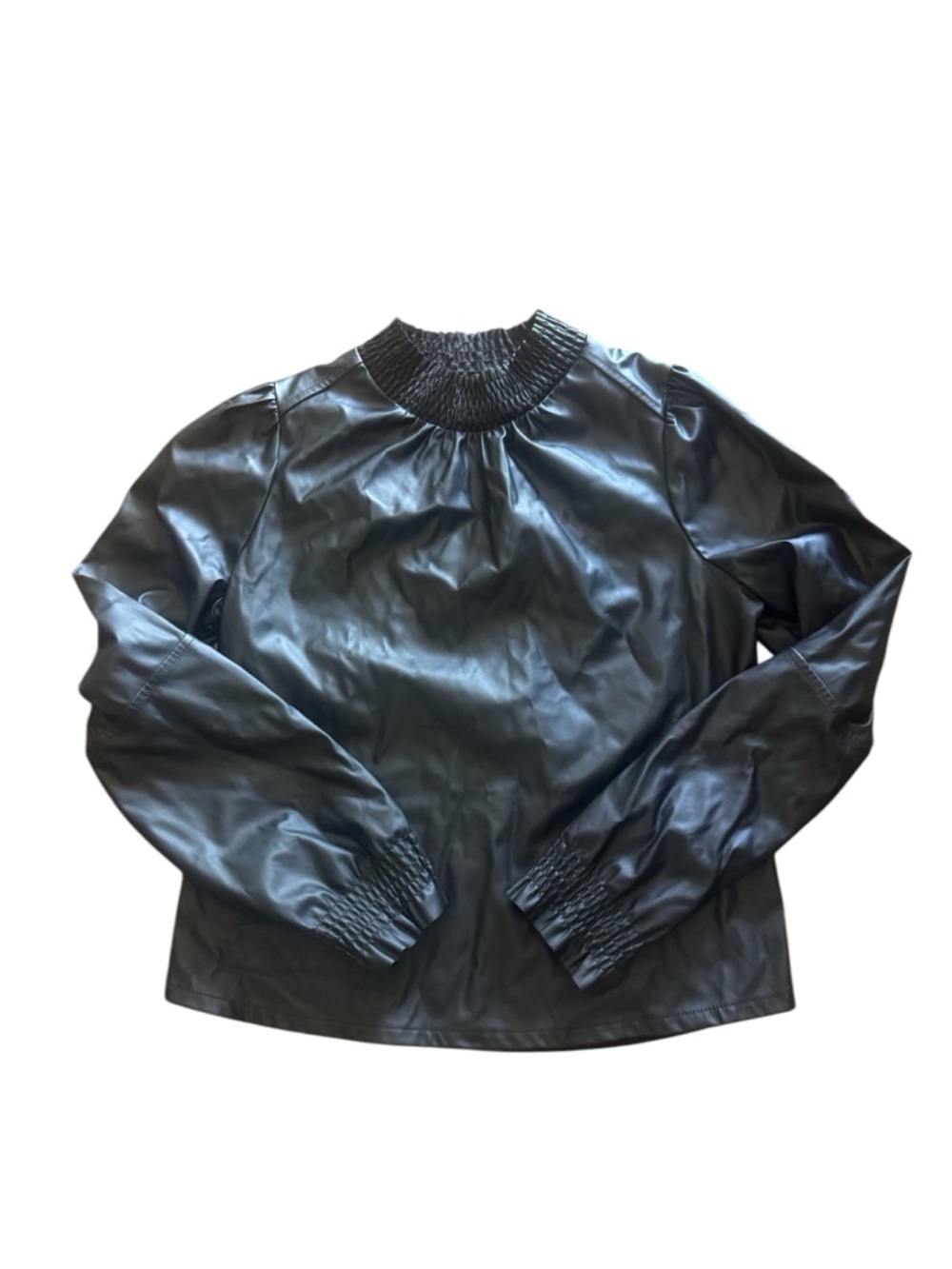 THML Black Faux Leather Long Sleeve Smocked Neck Top, Size Small